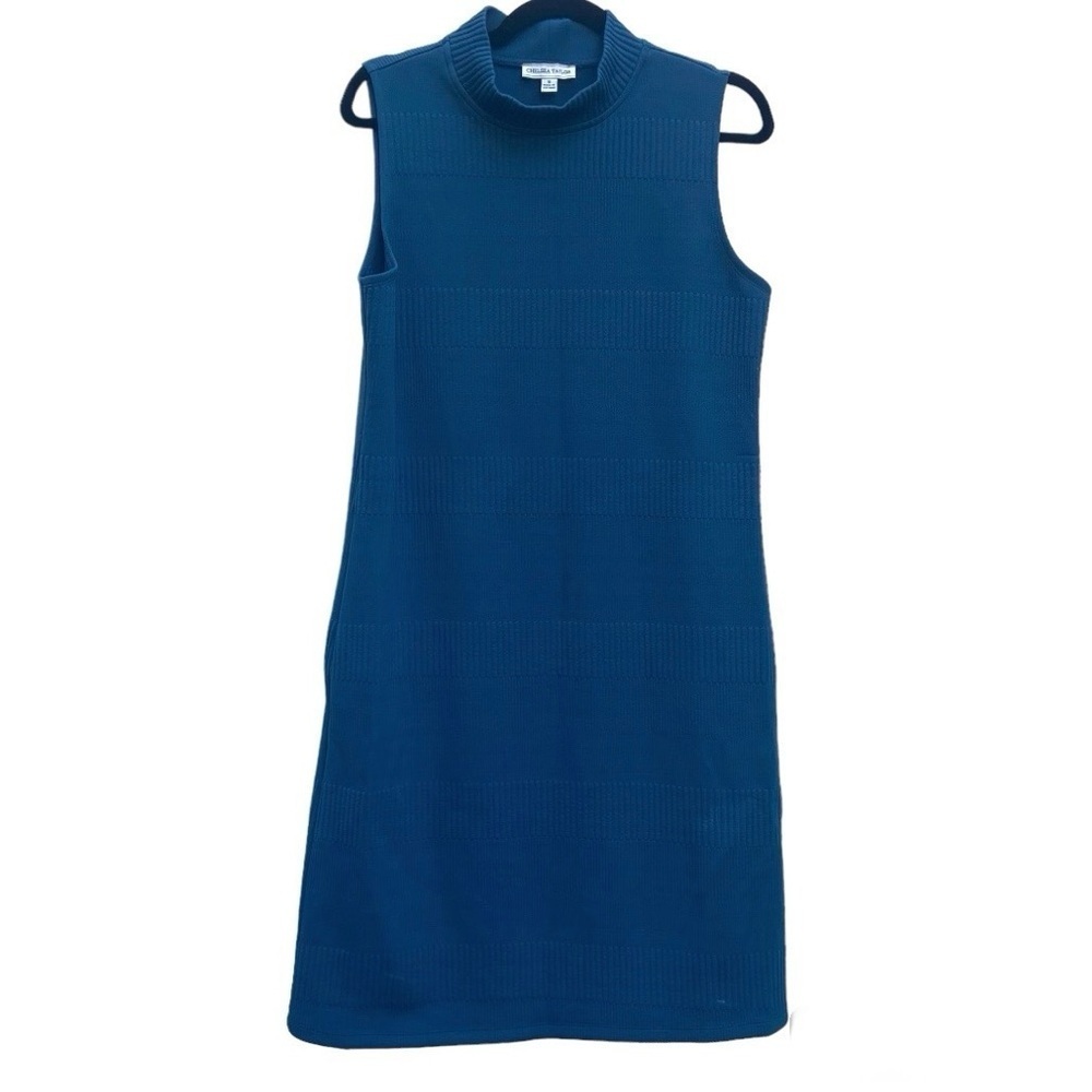 Chelsea Taylor Mock Neck Teal Knit Pullover Dress Size 10 Ribbed Midi Stretch